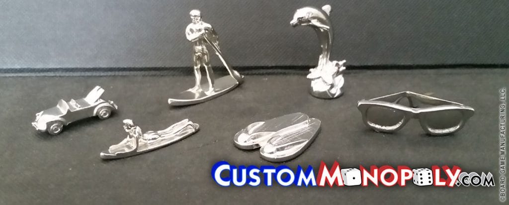 Beach Activities, Body Board, Surf Board, Wake Board, Sandals, Flip Flops, Dolphin, Sun Glasses, Ray Ban, Beach Car, Metal Monopoly Tokens/Pieces