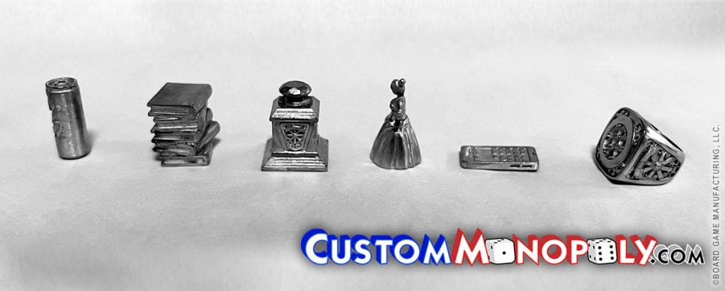 Soda Can, Books Stack, Diamond Award Trophy, Southern Belle, Calculator, Series Championship Ring, Custom Metal Monopoly Tokens and Pieces