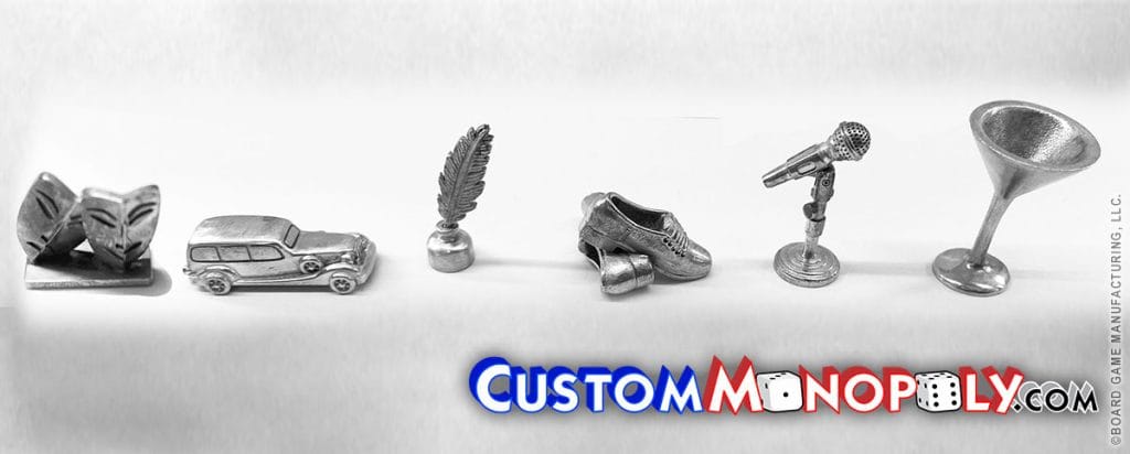 Theater Masks, 1920s Bentley Car< Feather, Writing Quill, Tap Shoes, Microphone< Martini Glass, Custom Metal Monopoly Player Tokens and Custom Game Pieces