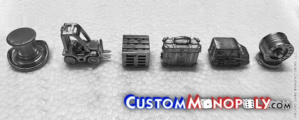 Top Hat, Forklift, Pallet Crate, Trunk Treasure Chest, Delivery Van Truck, Wire Spool, Warehouse, Delivery, Shipping, Metal Monopoly Tokens/Pieces